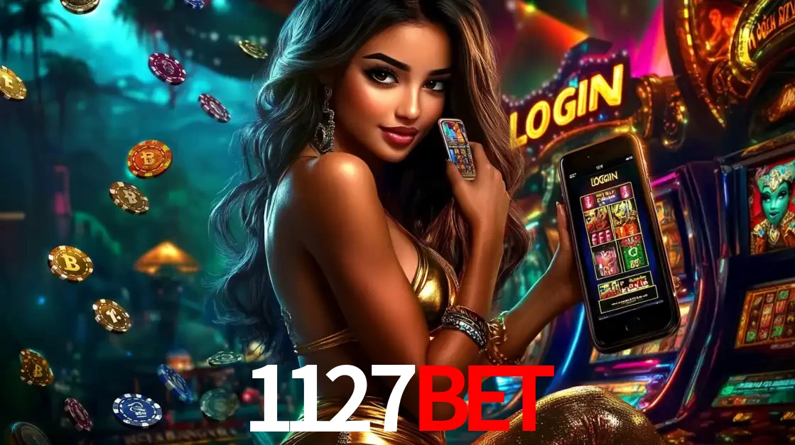 Mulher em um cenário de cassino temático de aventura, mostrando o app de caça-níqueis da 1127bet no celular. Fichas de apostas flutuam ao redor.