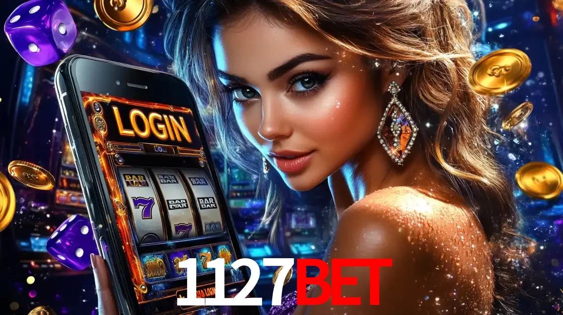Mulher glamorosa segurando um smartphone com a tela de login para os jogos de caça-níqueis do cassino online 1127bet, com moedas de ouro e dados ao redor.