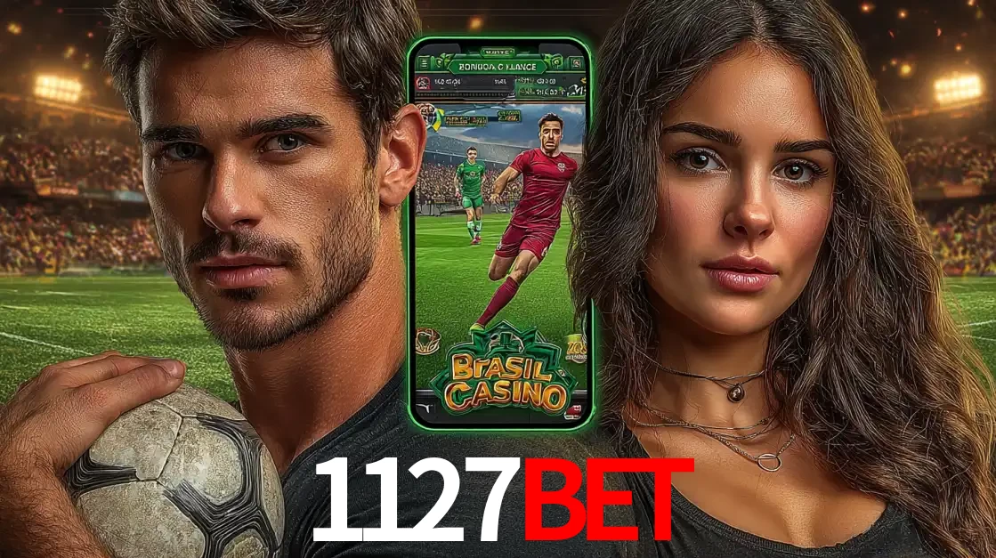 Homem segurando uma bola de futebol e uma mulher ao lado de um smartphone exibindo o jogo de apostas esportivas da 1127bet. Faça seu palpite no cassino online.